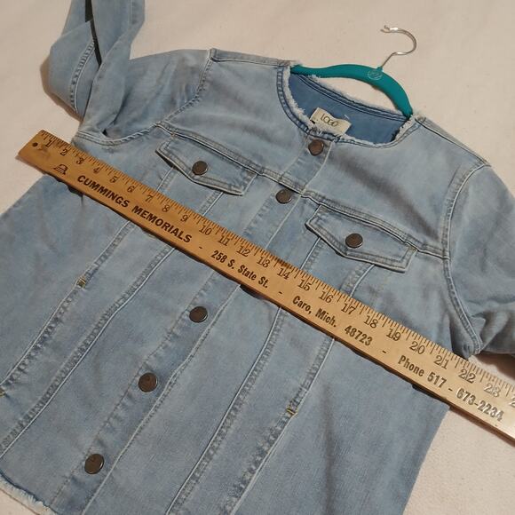 NWOT LOGO stretch denim light wash raw edge hem/sleeve snap front jacket sz 10 - Picture 11 of 15
